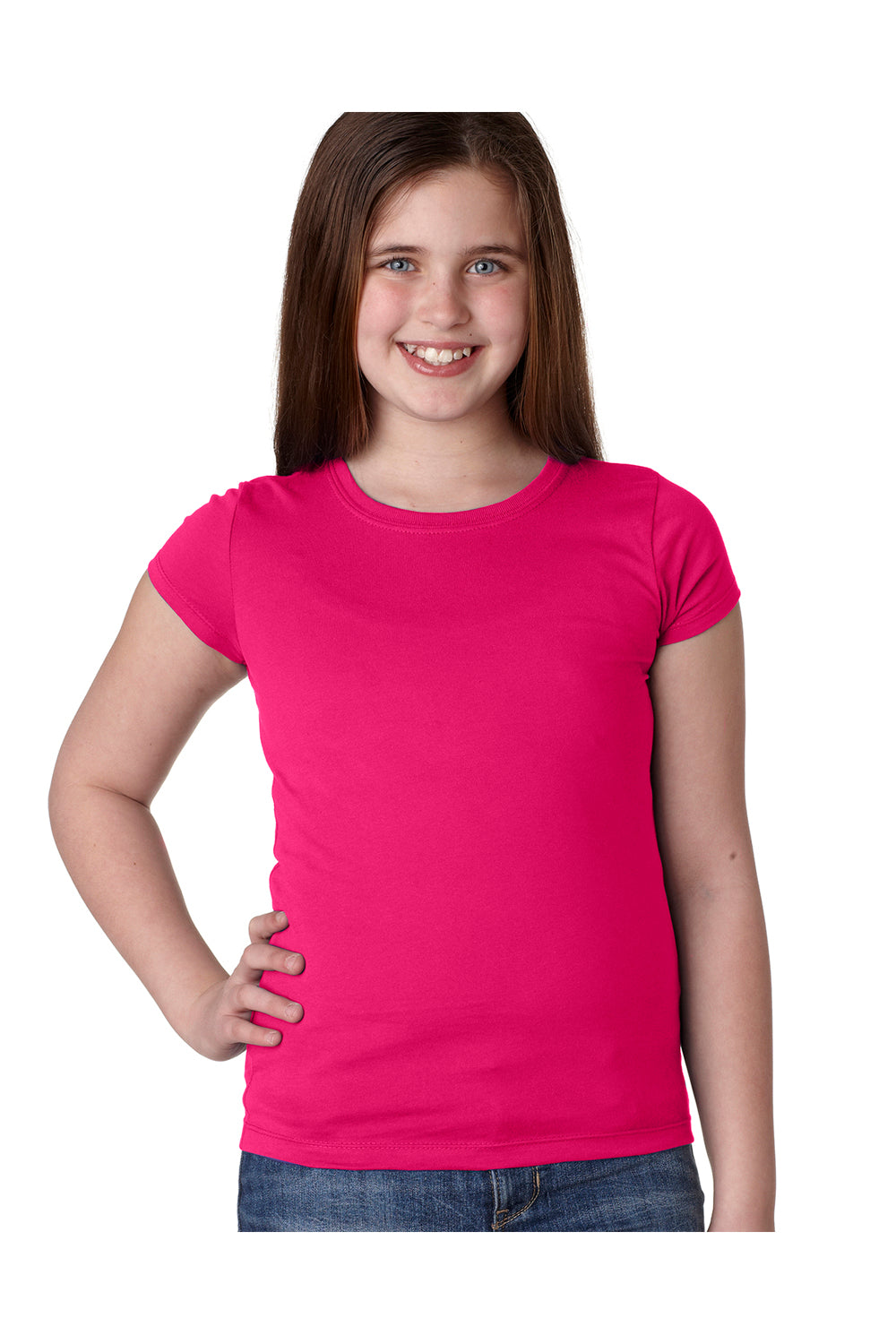 Next Level N3710/3710 Youth Princess Fine Jersey Short Sleeve Crewneck T-Shirt Raspberry Pink Model Front