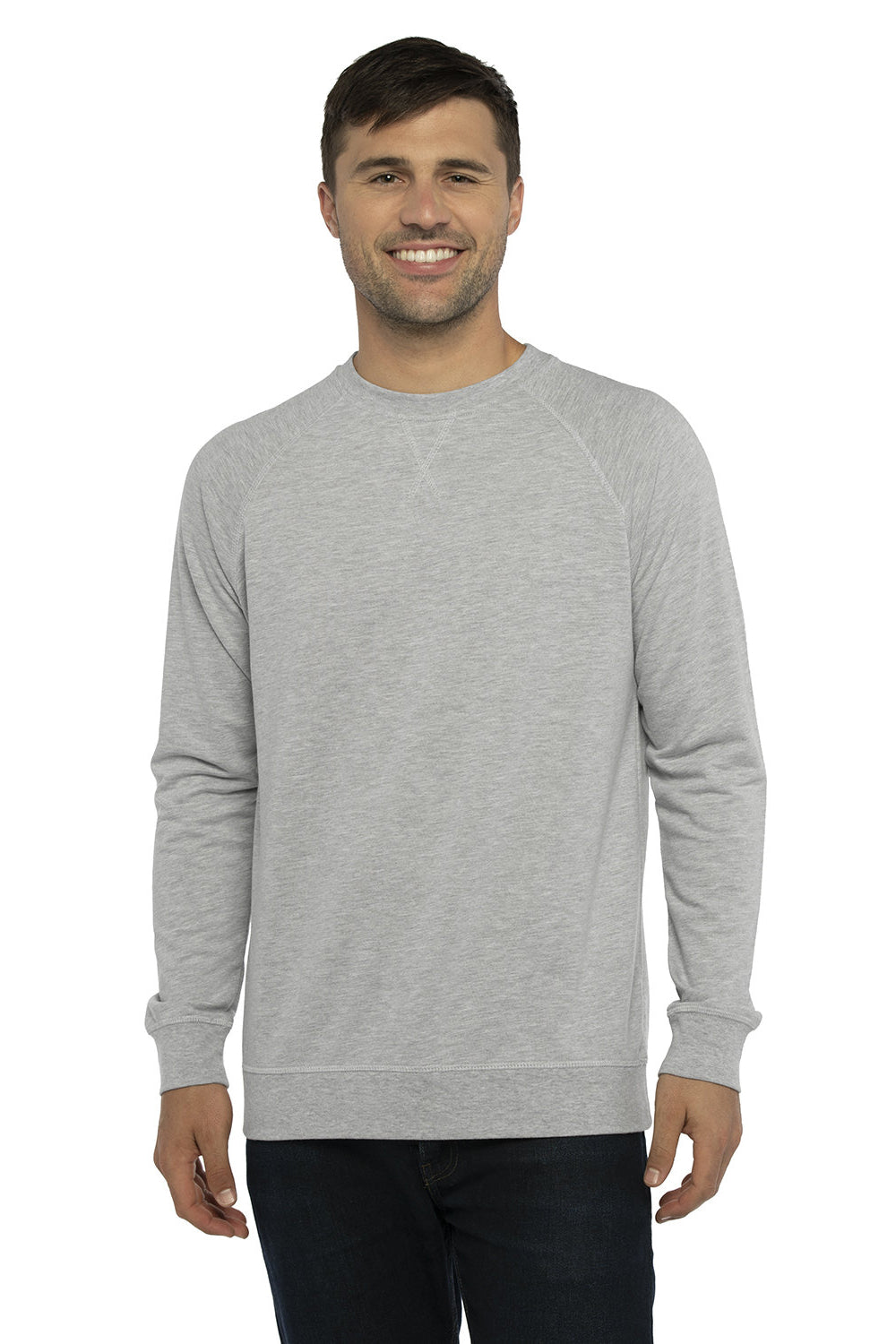 Next Level N9000/9000 Mens French Terry Long Sleeve Crewneck T-Shirt Heather Grey Model Front