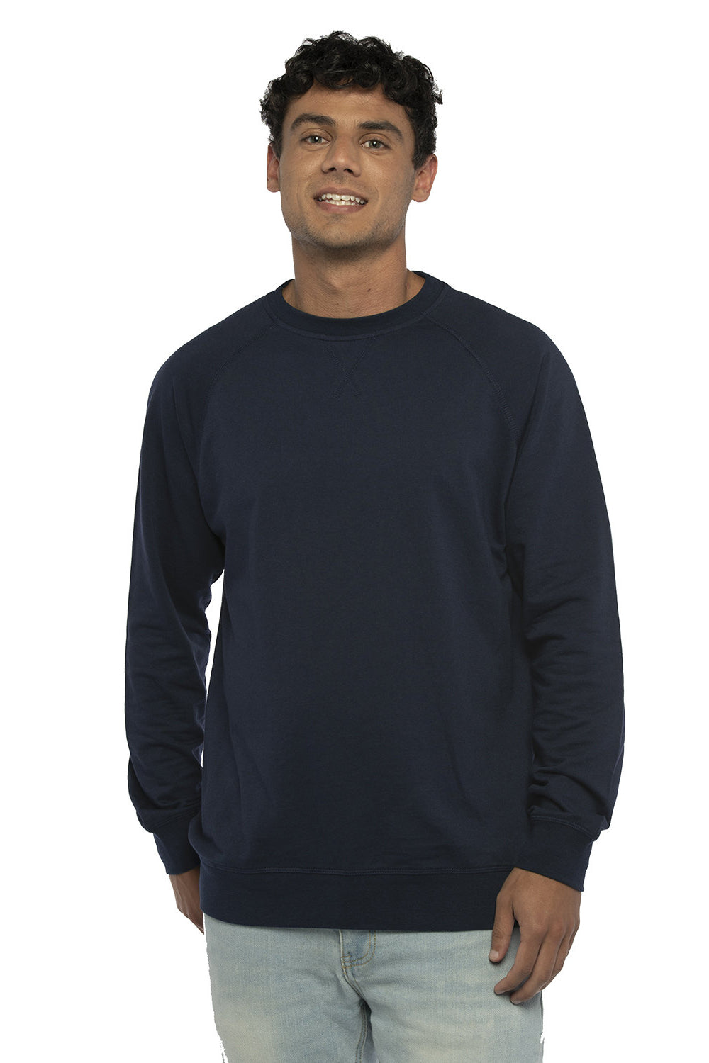 Next Level N9000/9000 Mens French Terry Long Sleeve Crewneck T-Shirt Midnight Navy Blue Model Front