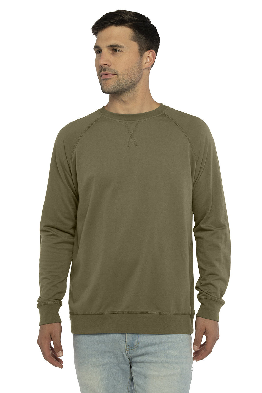 Next Level N9000/9000 Mens French Terry Long Sleeve Crewneck T-Shirt Military Green Model Front