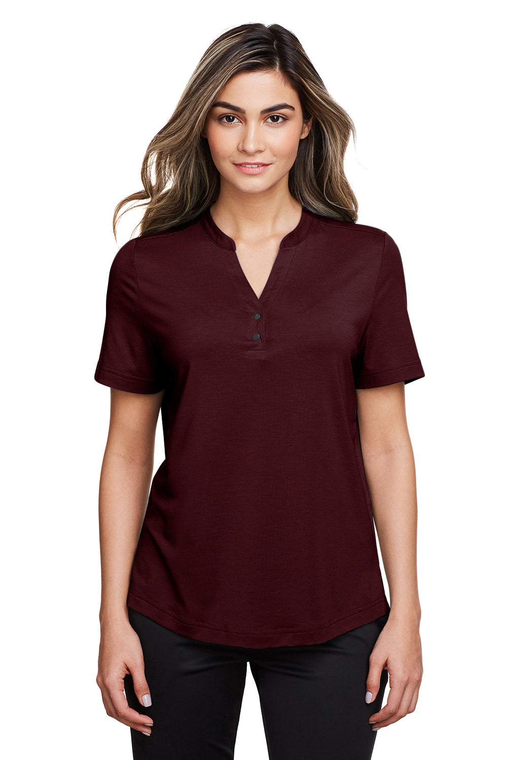 North End NE100W Womens Jaq Performance Moisture Wicking Short Sleeve Polo Shirt Burgundy Model Front