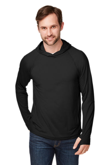 North End NE105 Mens Jaq Stretch Performance Moisture Wicking Long Sleeve Hooded T-Shirt Hoodie Black Model Front