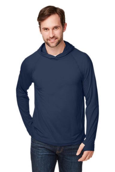 North End NE105 Mens Jaq Stretch Performance Moisture Wicking Long Sleeve Hooded T-Shirt Hoodie Classic Navy Blue Model Front