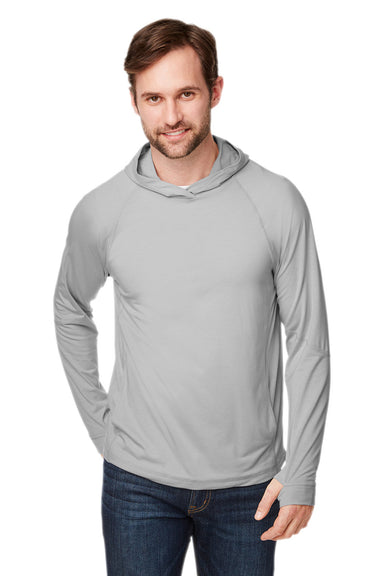 North End NE105 Mens Jaq Stretch Performance Moisture Wicking Long Sleeve Hooded T-Shirt Hoodie Platinum Grey Model Front