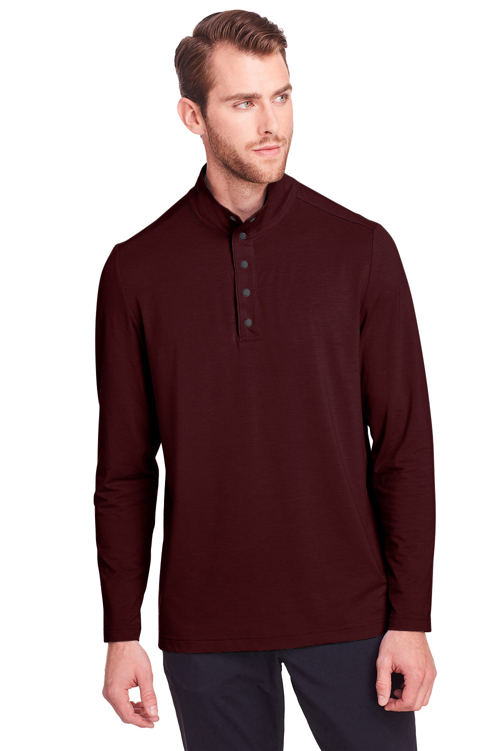 North End NE400 Mens Jaq Performance Moisture Wicking Long Sleeve Polo Shirt Burgundy Model Front