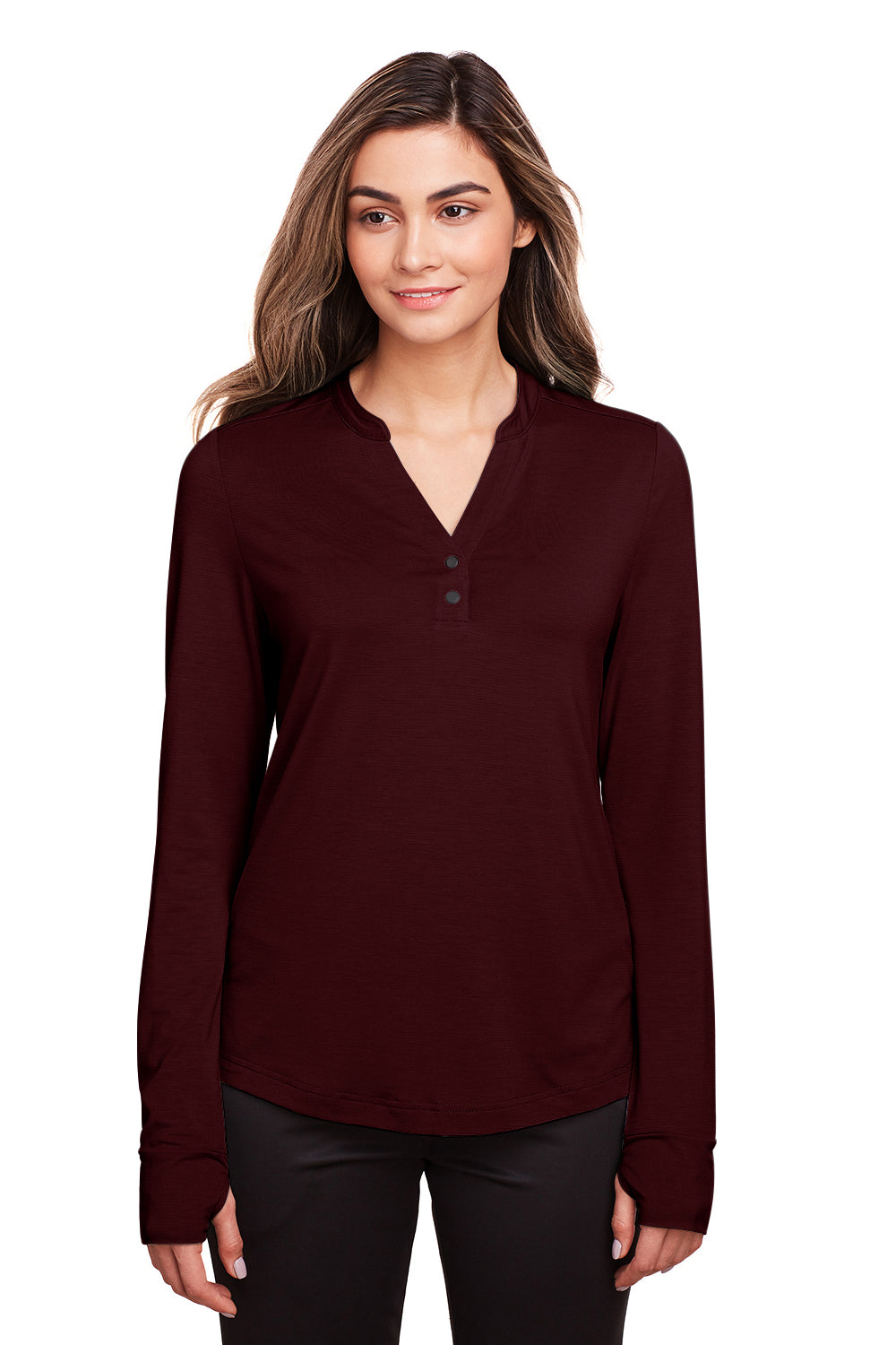 North End NE400W Womens Jaq Performance Moisture Wicking Long Sleeve Polo Shirt Burgundy Model Front