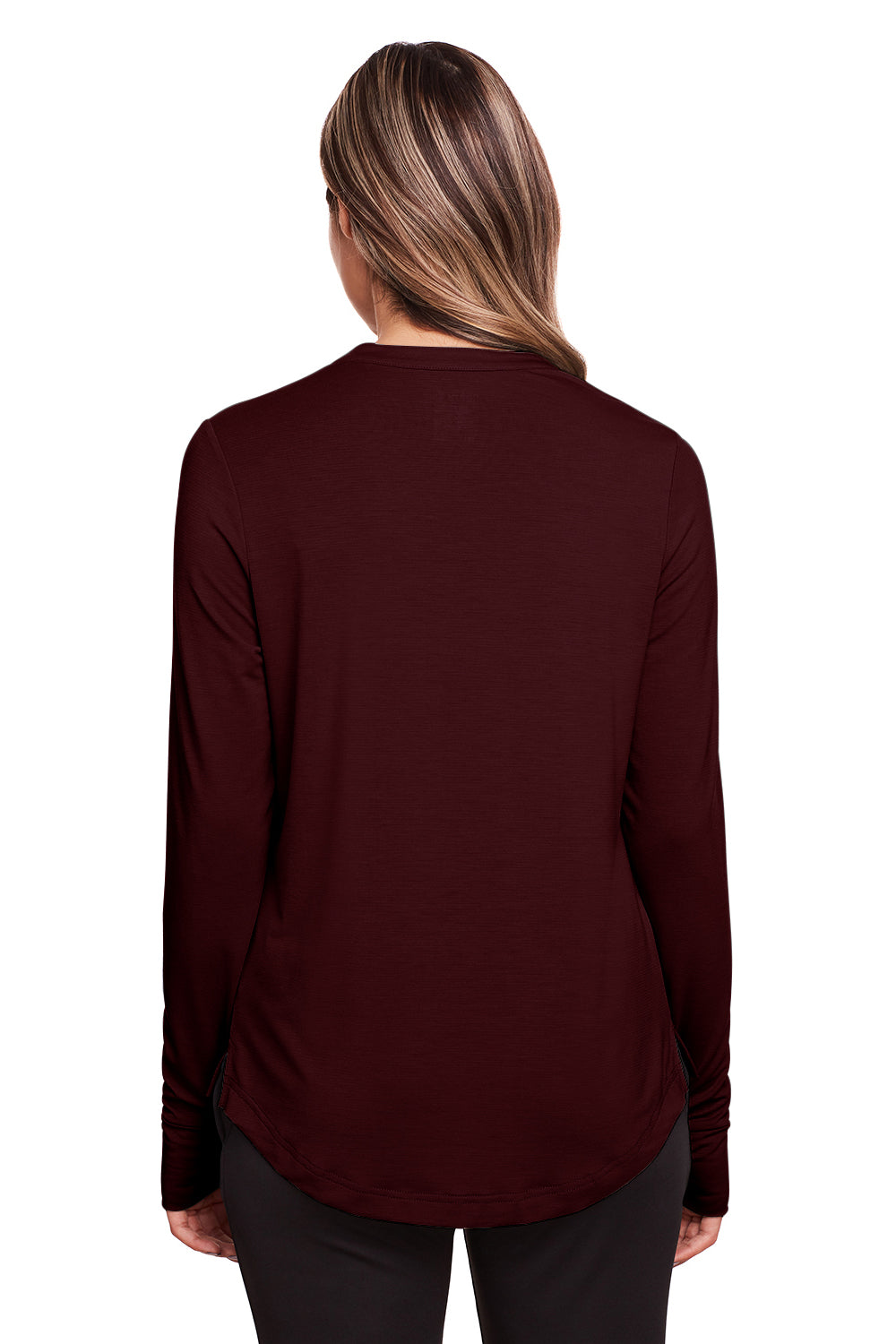 North End NE400W Womens Jaq Performance Moisture Wicking Long Sleeve Polo Shirt Burgundy Model Back