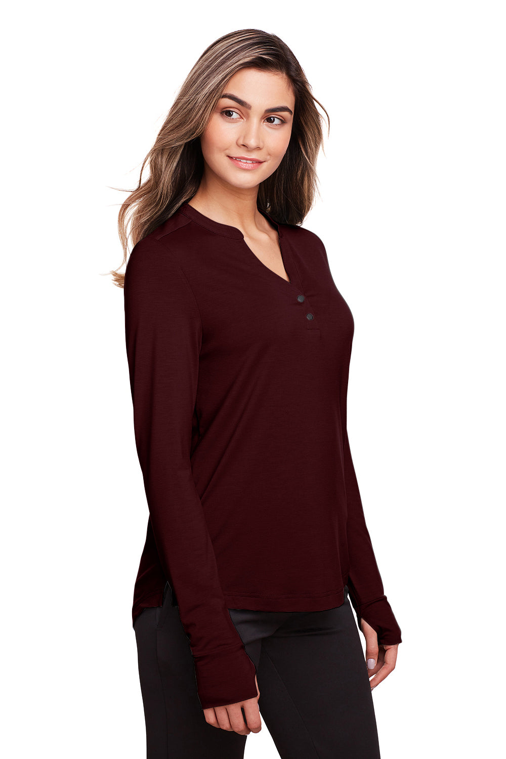 North End NE400W Womens Jaq Performance Moisture Wicking Long Sleeve Polo Shirt Burgundy Model 3q