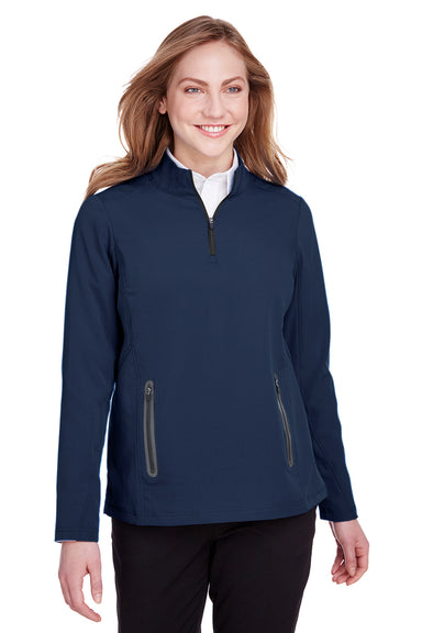 North End NE401W Womens Quest Performance Moisture Wicking 1/4 Zip Sweatshirt w/ Pockets Classic Navy Blue/Carbon Grey Model Front