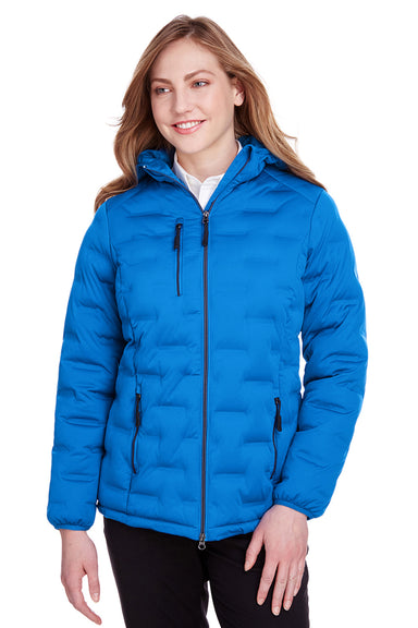 North End NE708W Womens Loft Waterproof Full Zip Hooded Puffer Jacket Olympic Blue/Carbon Grey Model Front