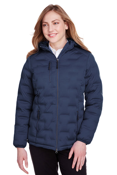 North End NE708W Womens Loft Waterproof Full Zip Hooded Puffer Jacket Classic Navy Blue/Carbon Grey Model Front