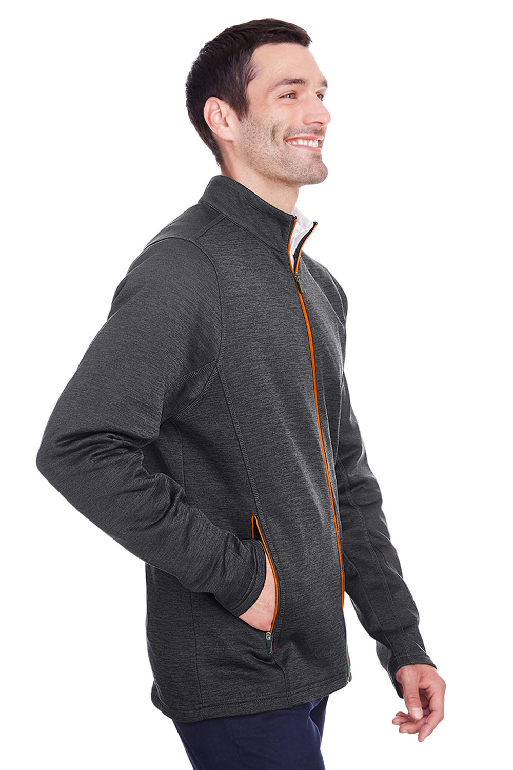 North End NE712 Mens Flux 2.0 Fleece Water Resistant Full Zip Jacket Heather Black/Orange Soda Model 3q