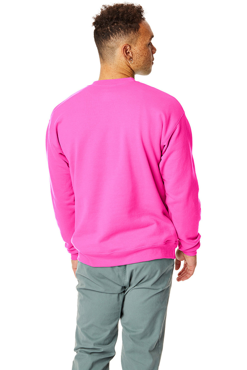 Hanes P160/P1607 Mens EcoSmart Print Pro XP Pill Resistant Fleece Crewneck Sweatshirt Safety Pink Model Back