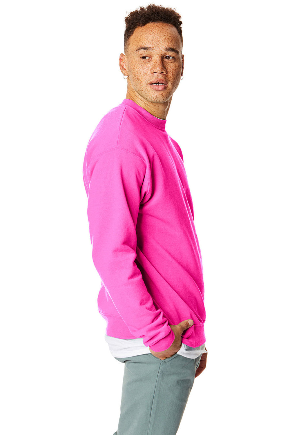 Hanes P160/P1607 Mens EcoSmart Print Pro XP Pill Resistant Fleece Crewneck Sweatshirt Safety Pink Model Side