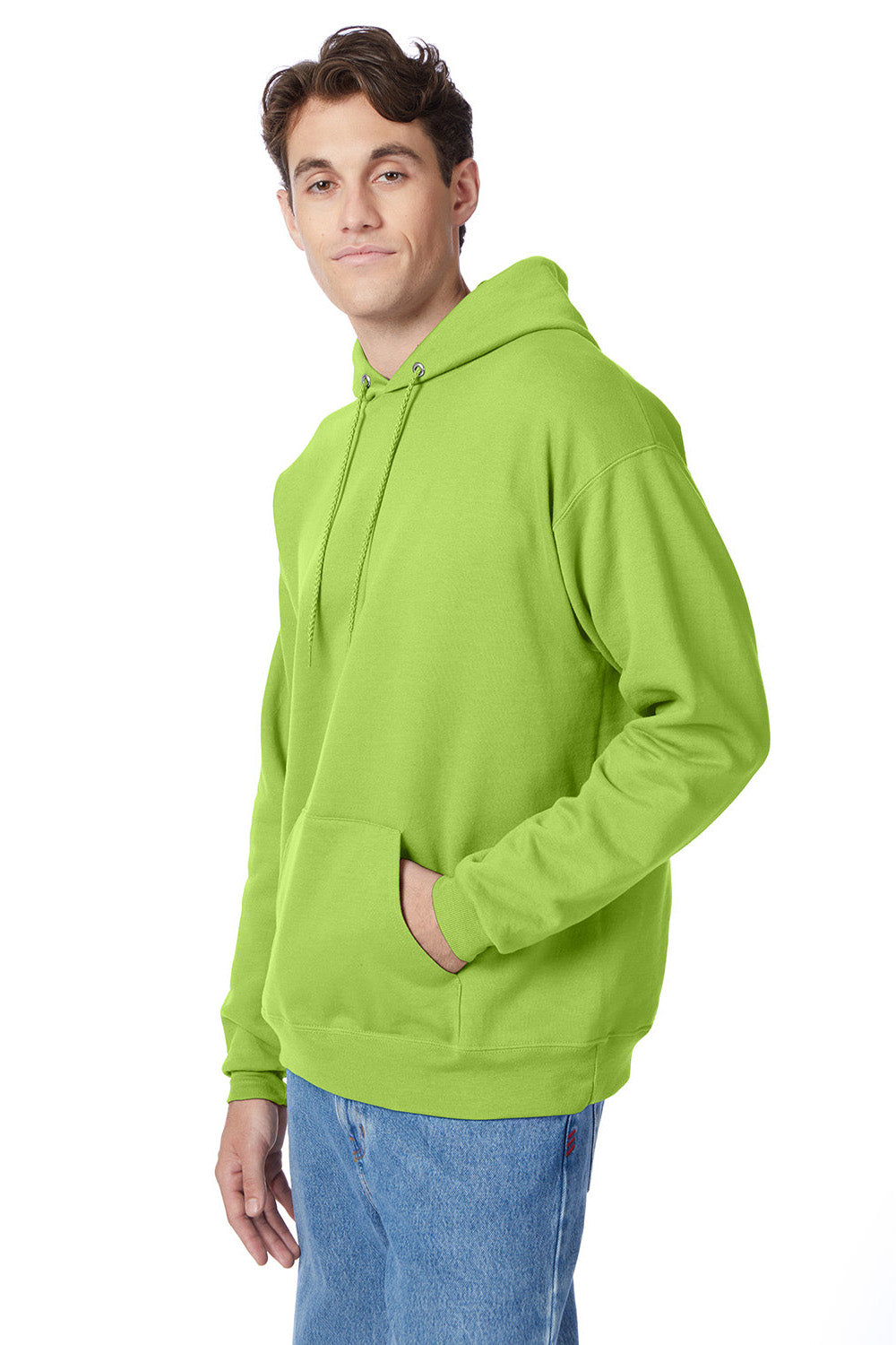 Hanes P170 Mens EcoSmart Print Pro XP Pill Resistant Hooded Sweatshirt Hoodie w/ Pouch Pocket Lime Green Model 3Q