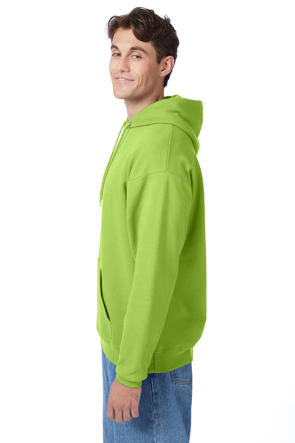 Hanes P170 Mens EcoSmart Print Pro XP Pill Resistant Hooded Sweatshirt Hoodie w/ Pouch Pocket Lime Green Model Side