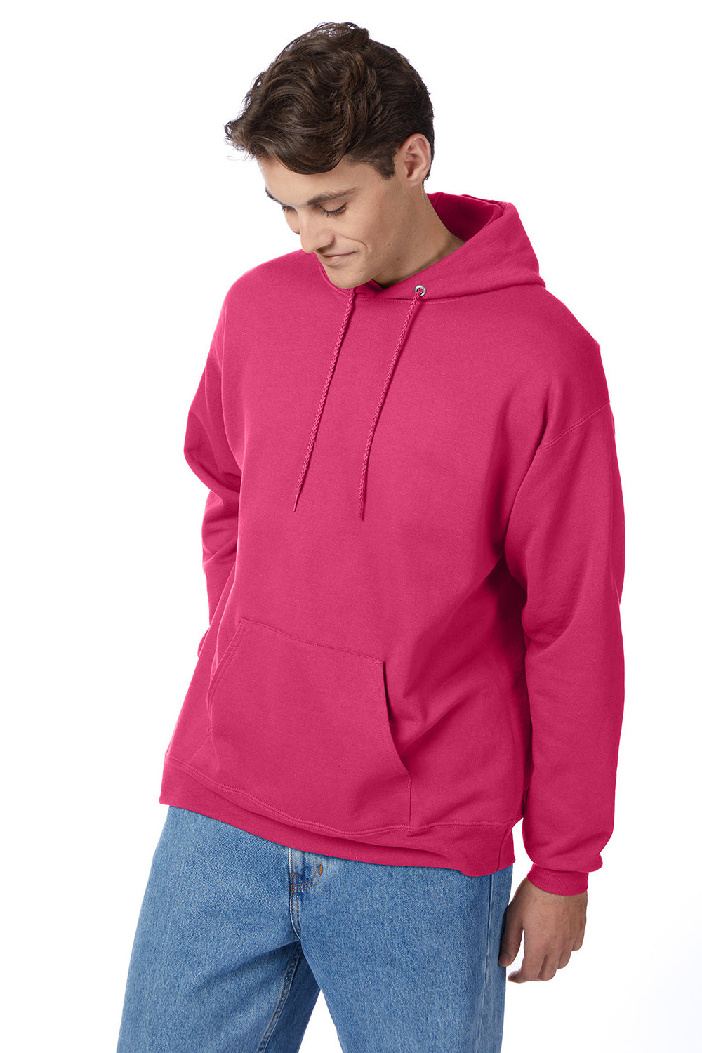 Hanes P170 Mens EcoSmart Print Pro XP Pill Resistant Hooded Sweatshirt Hoodie w/ Pouch Pocket Wow Pink Model 3Q