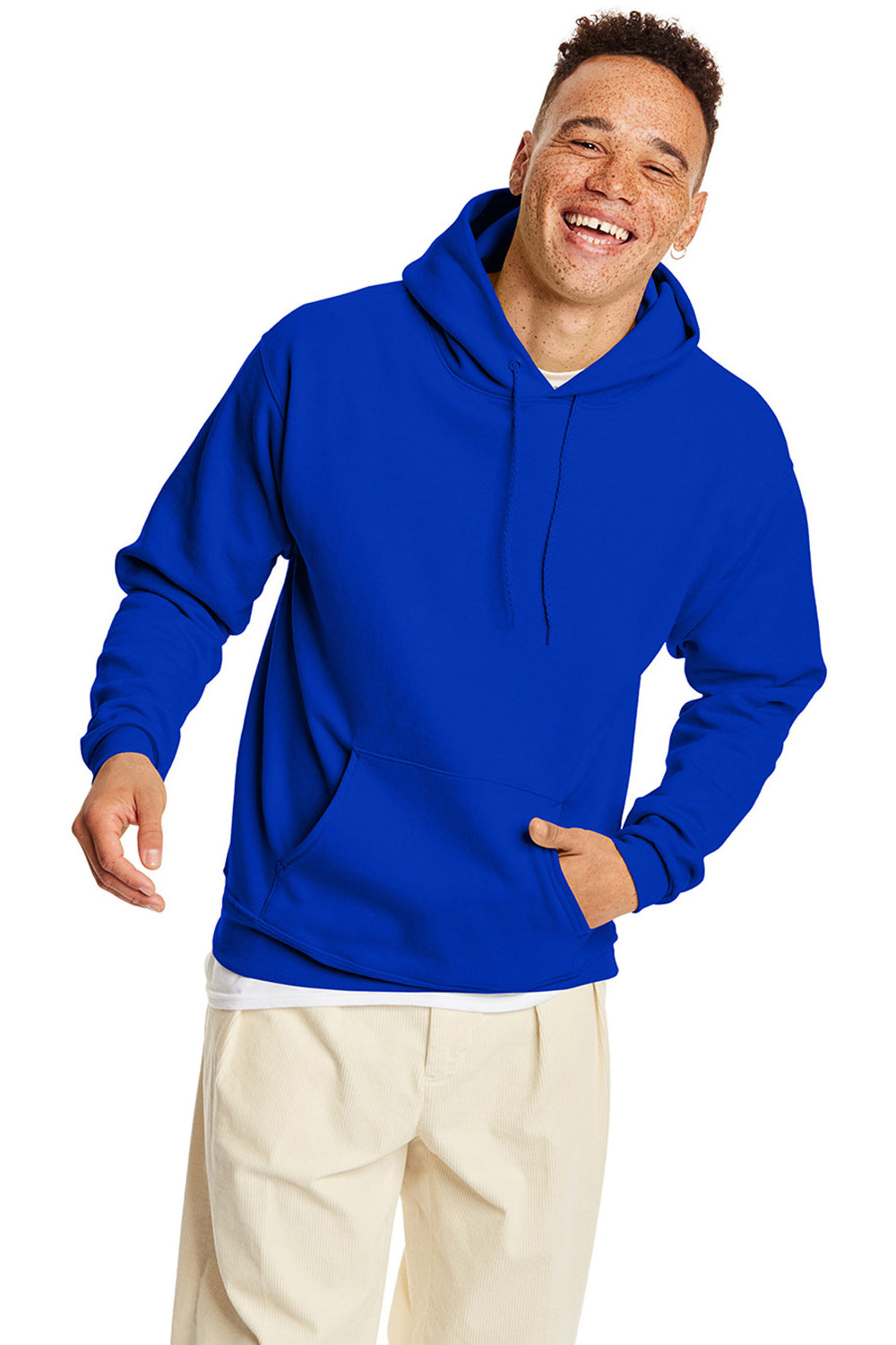 Hanes P170 Mens EcoSmart Print Pro XP Pill Resistant Hooded Sweatshirt Hoodie w/ Pouch Pocket Athletic Royal Blue Model Front