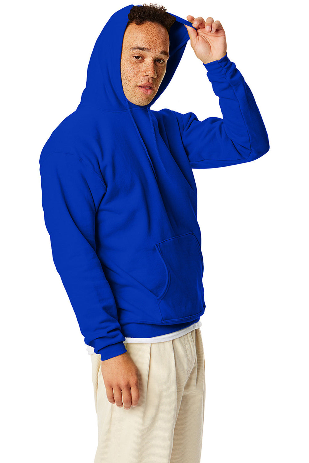 Hanes P170 Mens EcoSmart Print Pro XP Pill Resistant Hooded Sweatshirt Hoodie w/ Pouch Pocket Athletic Royal Blue Model Side