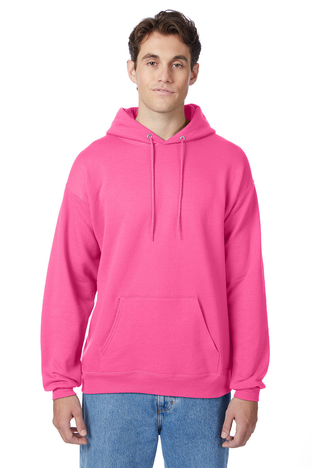 Hanes P170 Mens EcoSmart Print Pro XP Pill Resistant Hooded Sweatshirt Hoodie w/ Pouch Pocket Safety Pink Model Front