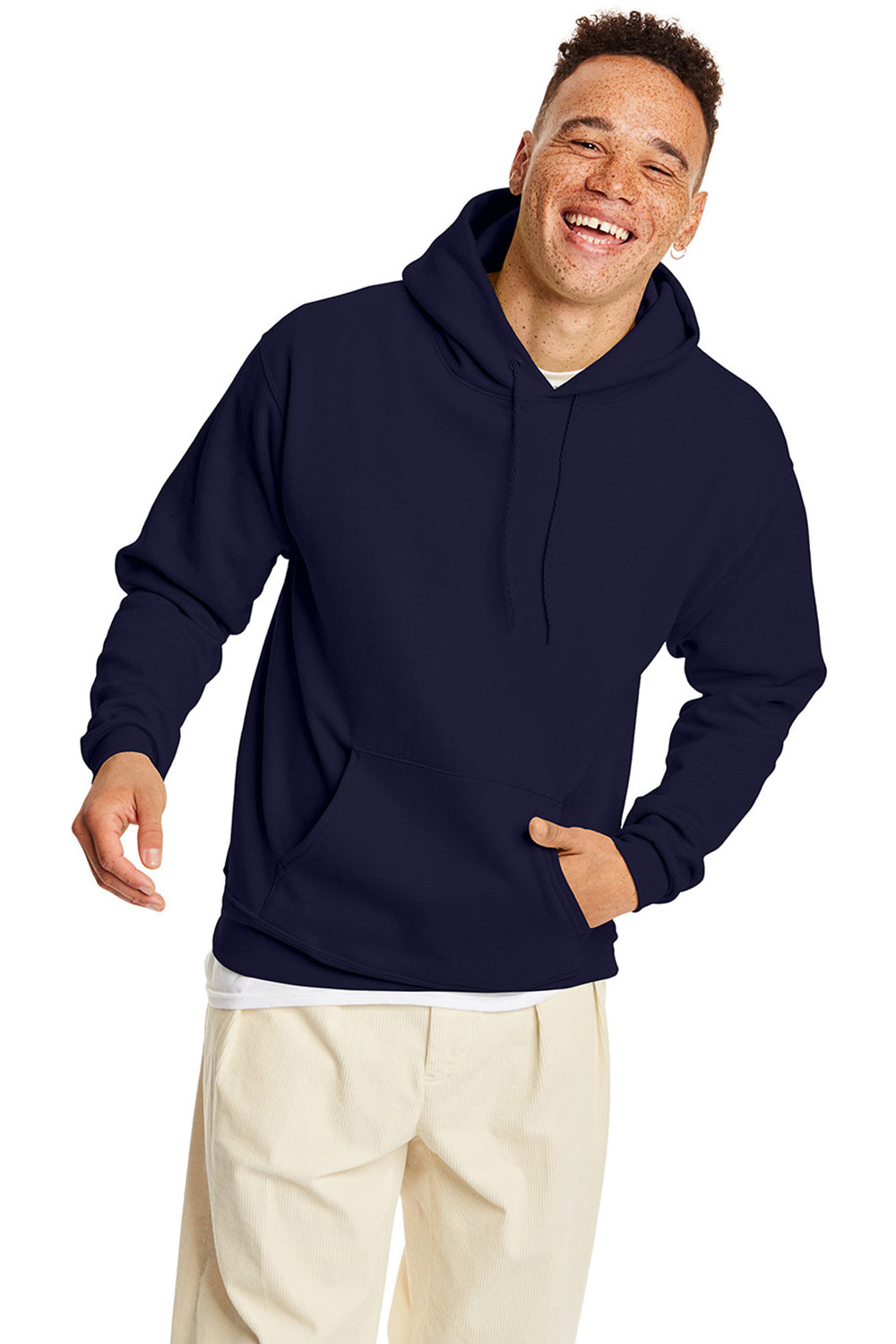 Hanes P170 Mens EcoSmart Print Pro XP Pill Resistant Hooded Sweatshirt Hoodie w/ Pouch Pocket Athletic Navy Blue Model Front