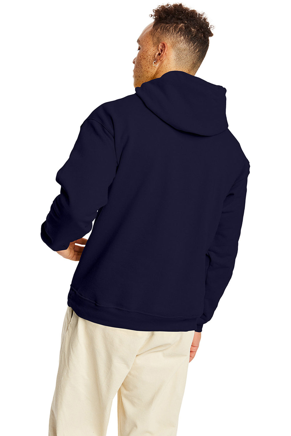 Hanes P170 Mens EcoSmart Print Pro XP Pill Resistant Hooded Sweatshirt Hoodie w/ Pouch Pocket Athletic Navy Blue Model Back