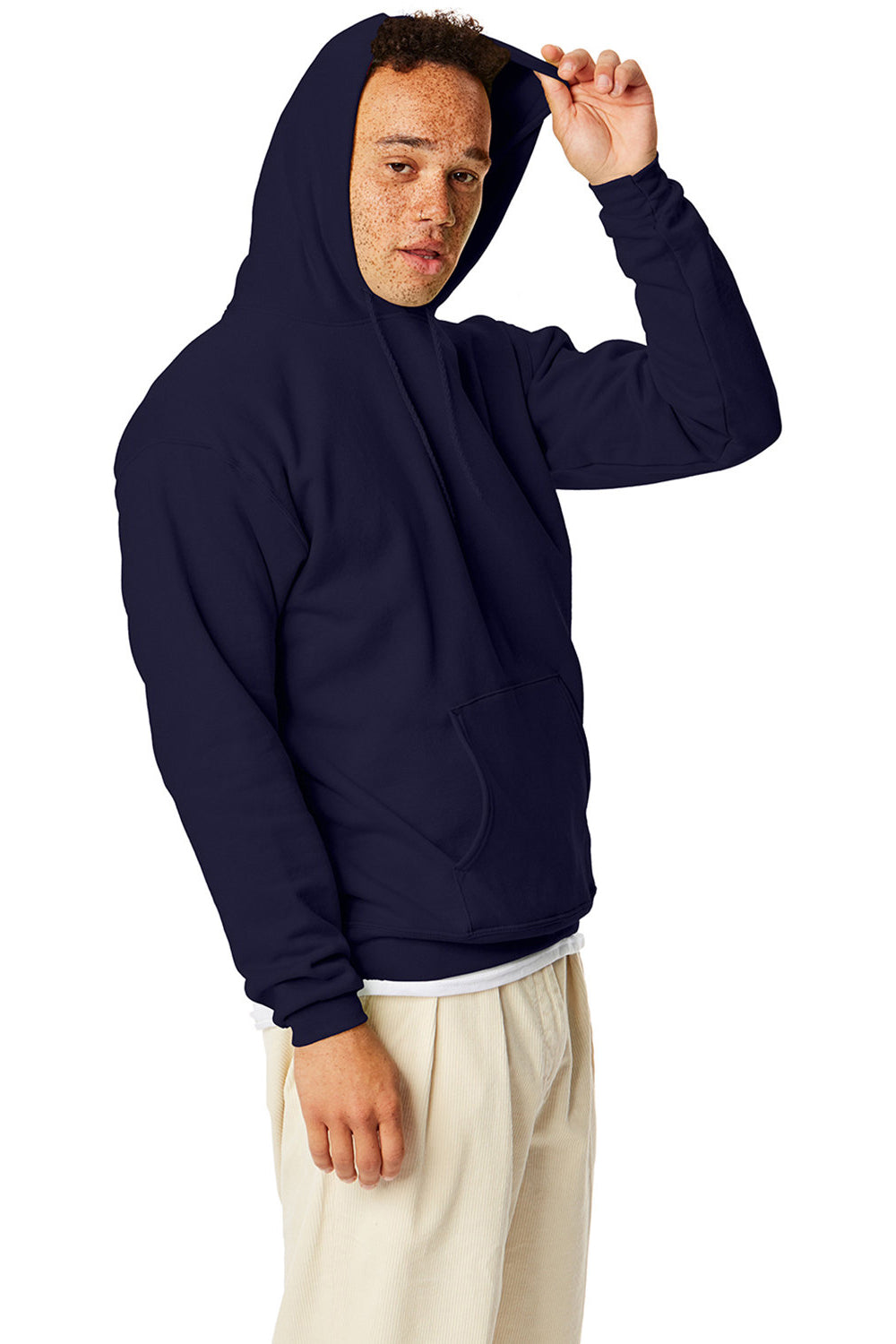 Hanes P170 Mens EcoSmart Print Pro XP Pill Resistant Hooded Sweatshirt Hoodie w/ Pouch Pocket Athletic Navy Blue Model Side