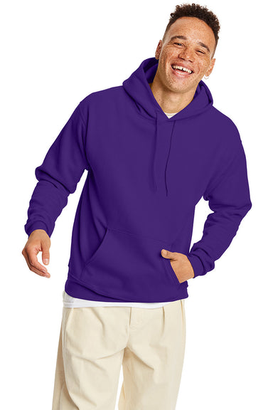 Hanes P170 Mens EcoSmart Print Pro XP Pill Resistant Hooded Sweatshirt Hoodie w/ Pouch Pocket Athletic Purple Model Front