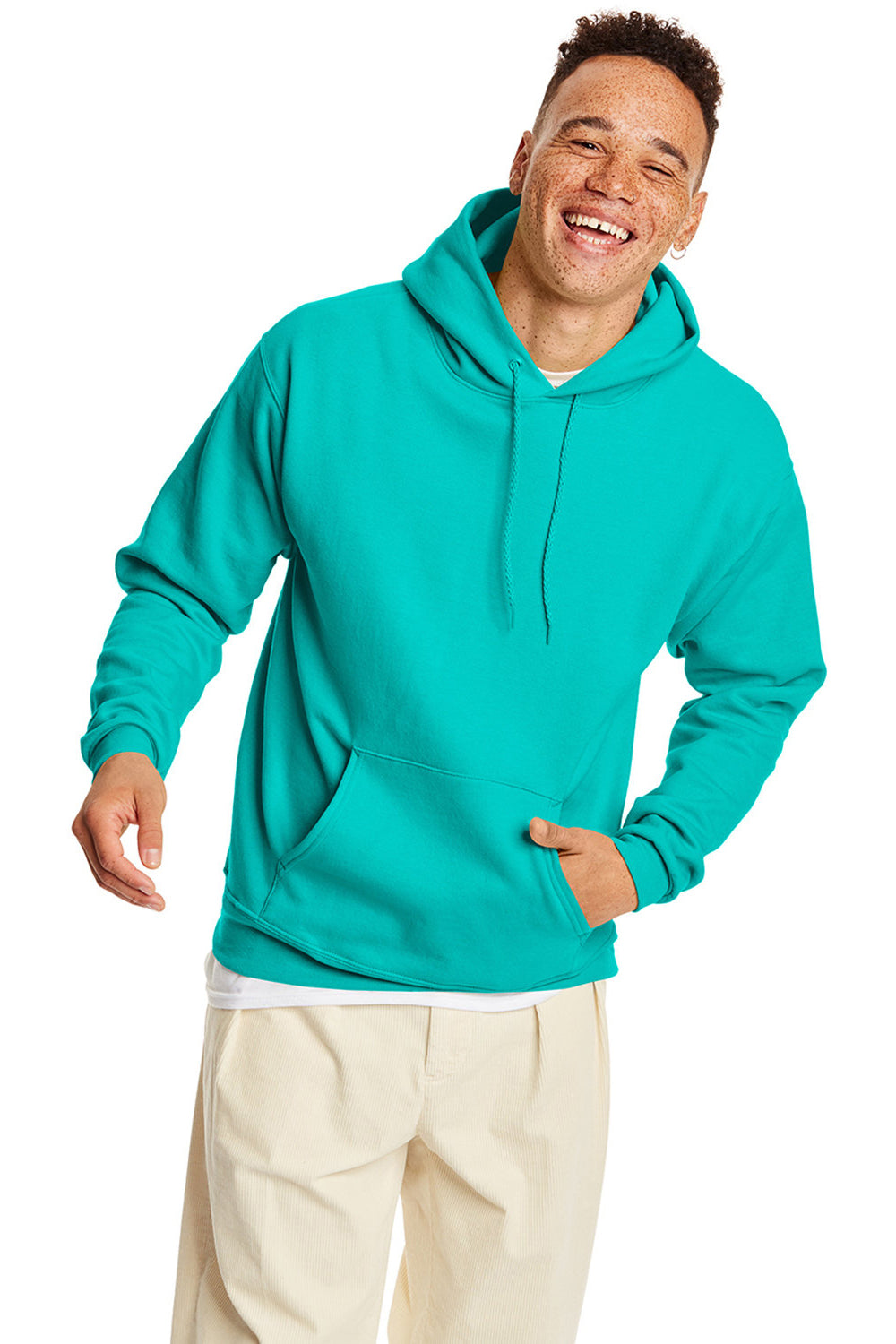 Hanes P170 Mens EcoSmart Print Pro XP Pill Resistant Hooded Sweatshirt Hoodie w/ Pouch Pocket Athletic Teal Green Model Front