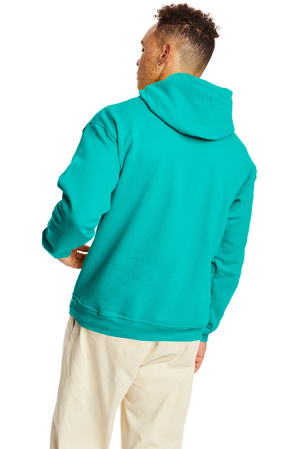 Hanes P170 Mens EcoSmart Print Pro XP Pill Resistant Hooded Sweatshirt Hoodie w/ Pouch Pocket Athletic Teal Green Model Back