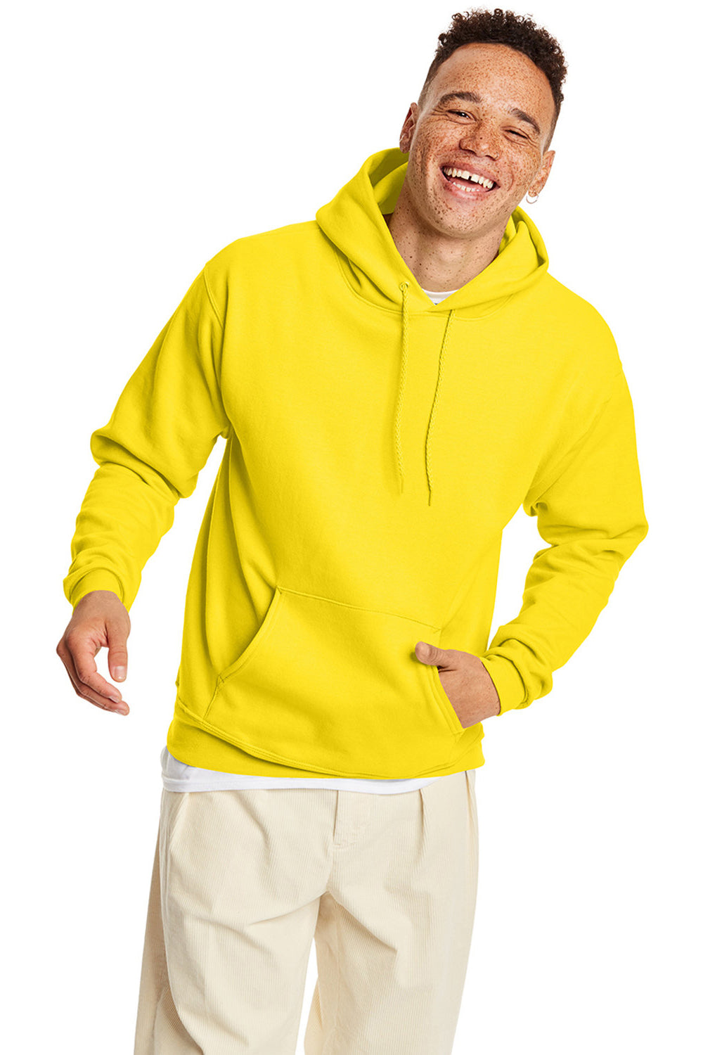 Hanes P170 Mens EcoSmart Print Pro XP Pill Resistant Hooded Sweatshirt Hoodie w/ Pouch Pocket Athletic Yellow Model Front