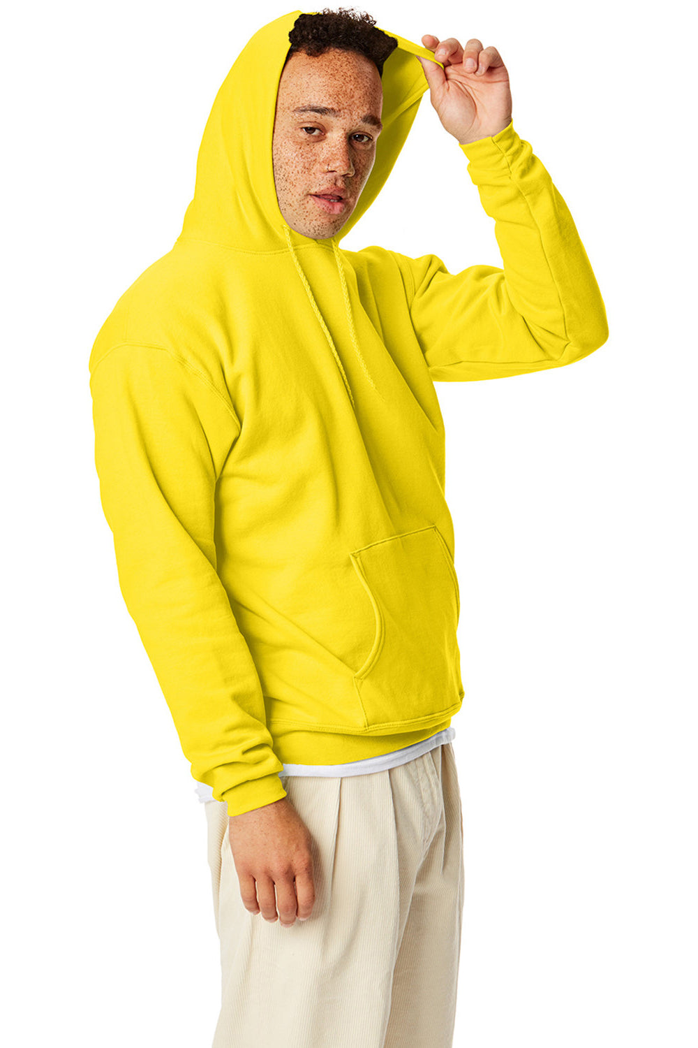 Hanes P170 Mens EcoSmart Print Pro XP Pill Resistant Hooded Sweatshirt Hoodie w/ Pouch Pocket Athletic Yellow Model Side