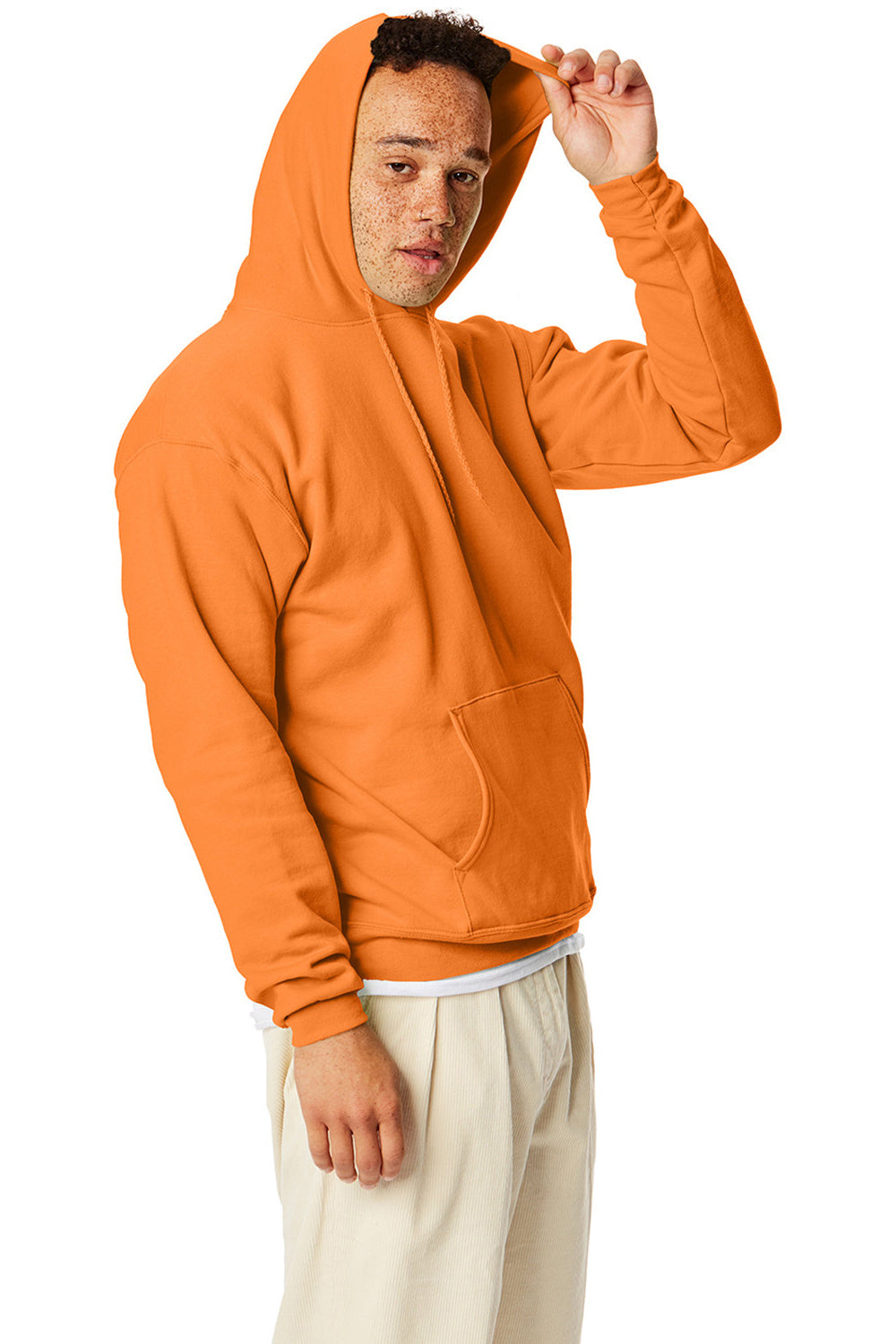 Hanes P170 Mens EcoSmart Print Pro XP Pill Resistant Hooded Sweatshirt Hoodie w/ Pouch Pocket Tennessee Orange Model Side