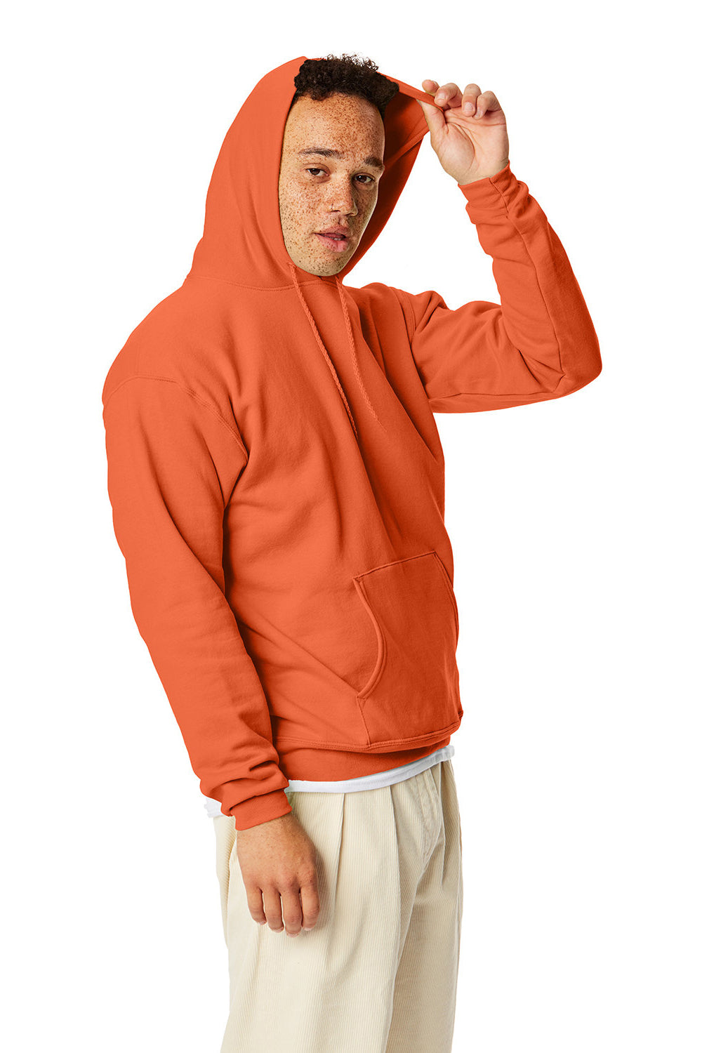 Hanes P170 Mens EcoSmart Print Pro XP Pill Resistant Hooded Sweatshirt Hoodie w/ Pouch Pocket Texas Orange Model Side