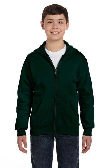 Hanes P480 Youth EcoSmart Print Pro XP Pill Resistant Full Zip Hooded Sweatshirt Hoodie w/ Pockets Deep Forest Green Model Front