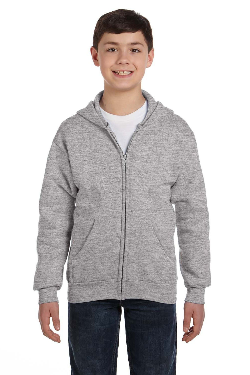 Hanes P480 Youth EcoSmart Print Pro XP Pill Resistant Full Zip Hooded Sweatshirt Hoodie w/ Pockets Light Steel Grey Model Front