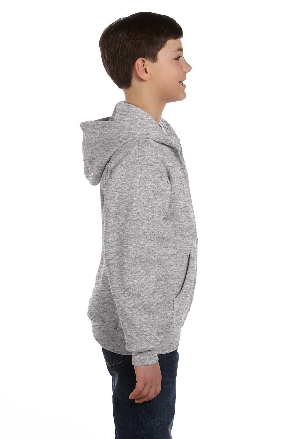 Hanes P480 Youth EcoSmart Print Pro XP Pill Resistant Full Zip Hooded Sweatshirt Hoodie w/ Pockets Light Steel Grey Model Side