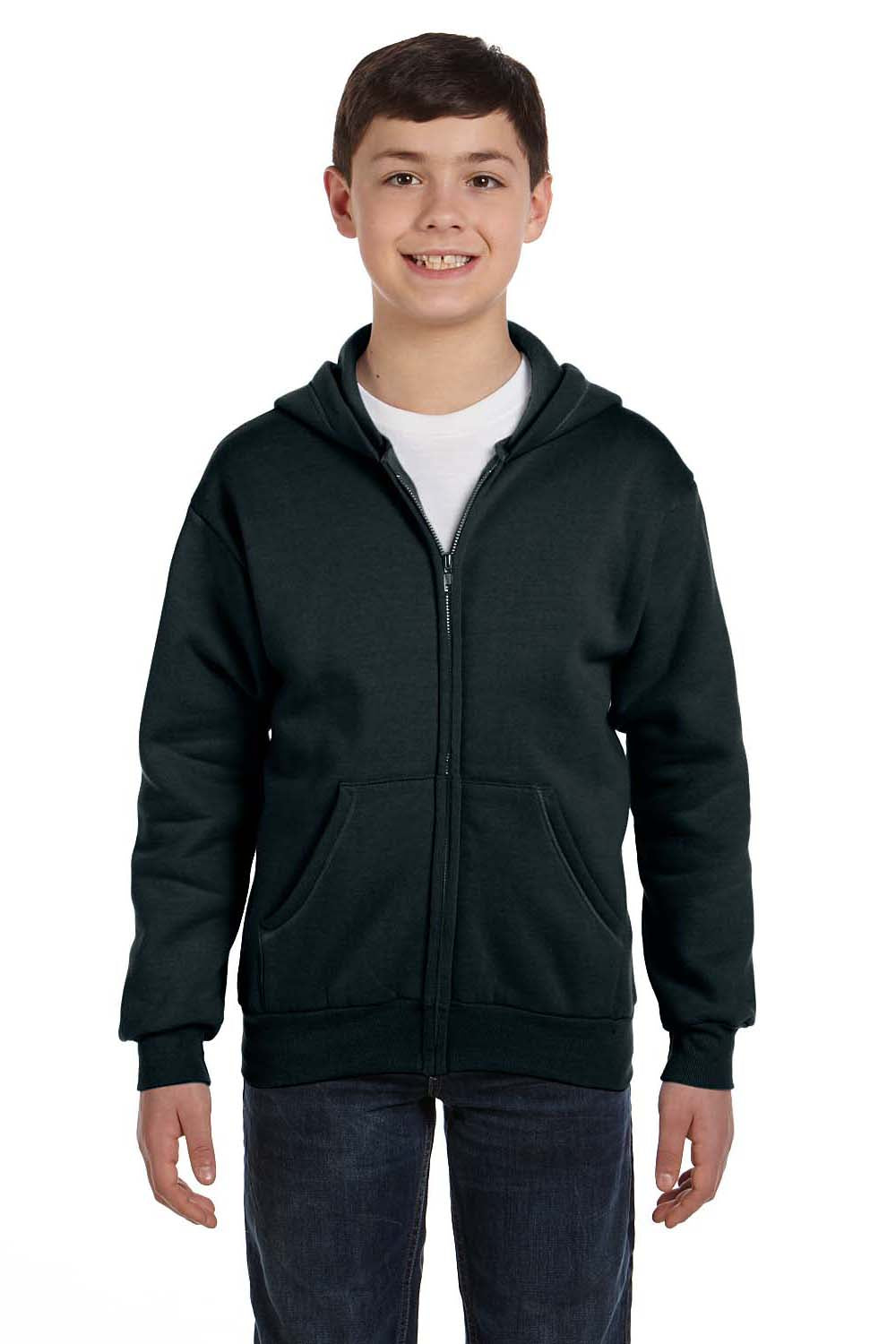 Hanes P480 Youth EcoSmart Print Pro XP Pill Resistant Full Zip Hooded Sweatshirt Hoodie w/ Pockets Black Model Front