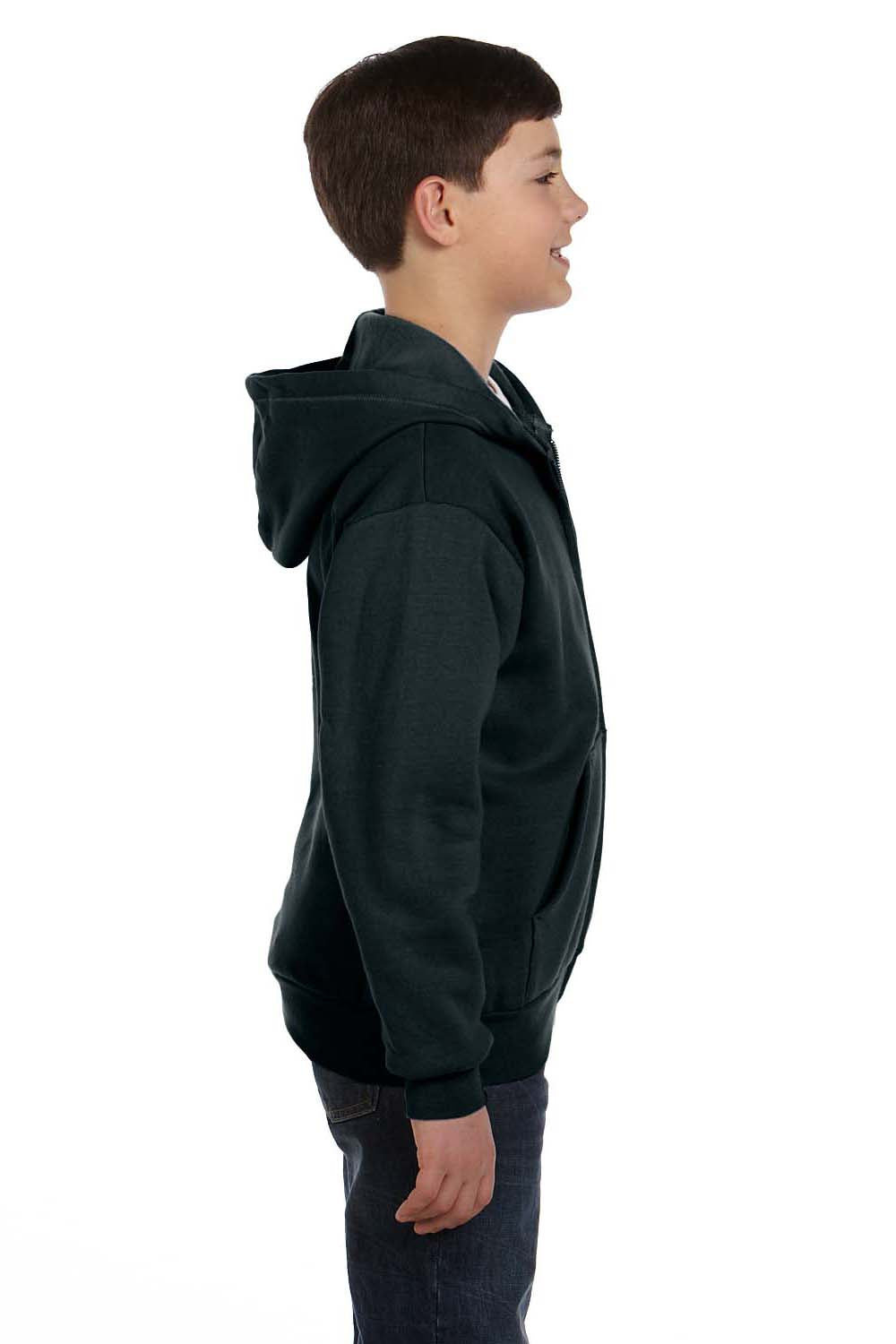 Hanes P480 Youth EcoSmart Print Pro XP Pill Resistant Full Zip Hooded Sweatshirt Hoodie w/ Pockets Black Model Side