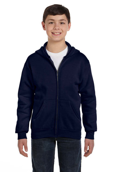 Hanes P480 Youth EcoSmart Print Pro XP Pill Resistant Full Zip Hooded Sweatshirt Hoodie w/ Pockets Navy Blue Model Front