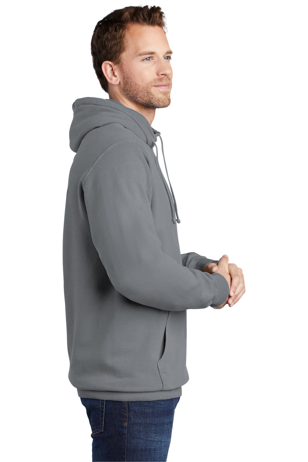 Port & Company PC098H Mens Beach Wash Fleece Hooded Sweatshirt Hoodie Coal Grey Model Side