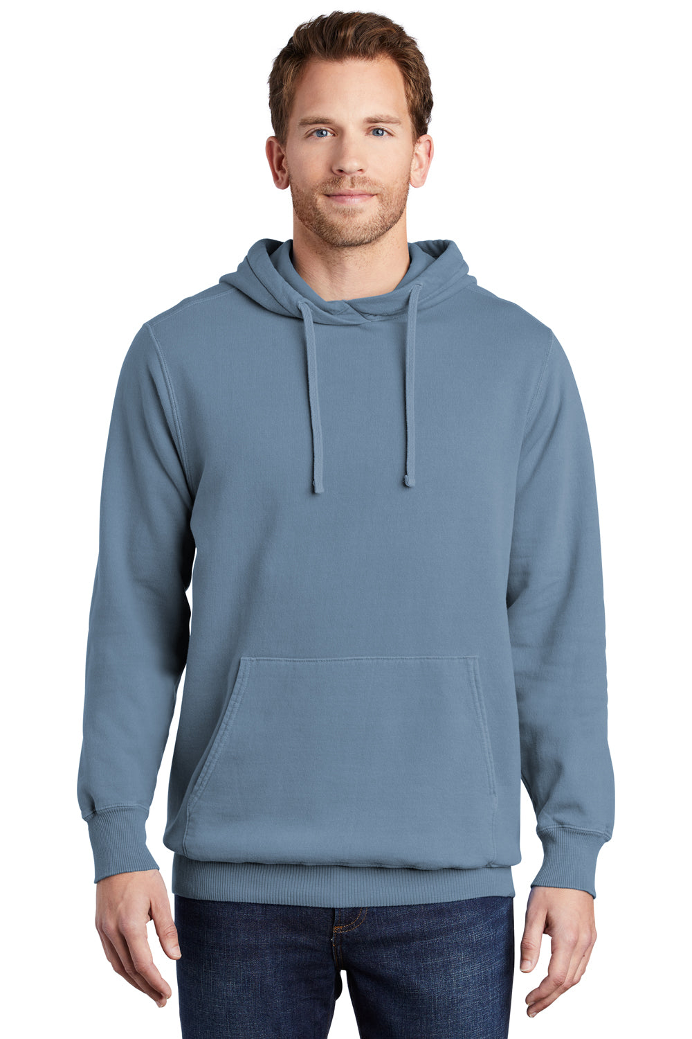 Port & Company PC098H Mens Beach Wash Fleece Hooded Sweatshirt Hoodie Denim Blue Model Front