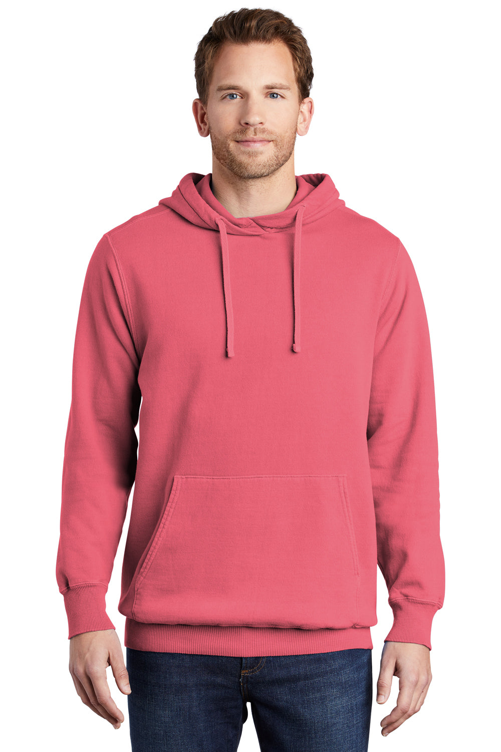 Port & Company PC098H Mens Beach Wash Fleece Hooded Sweatshirt Hoodie Fruit Punch Pink Model Front