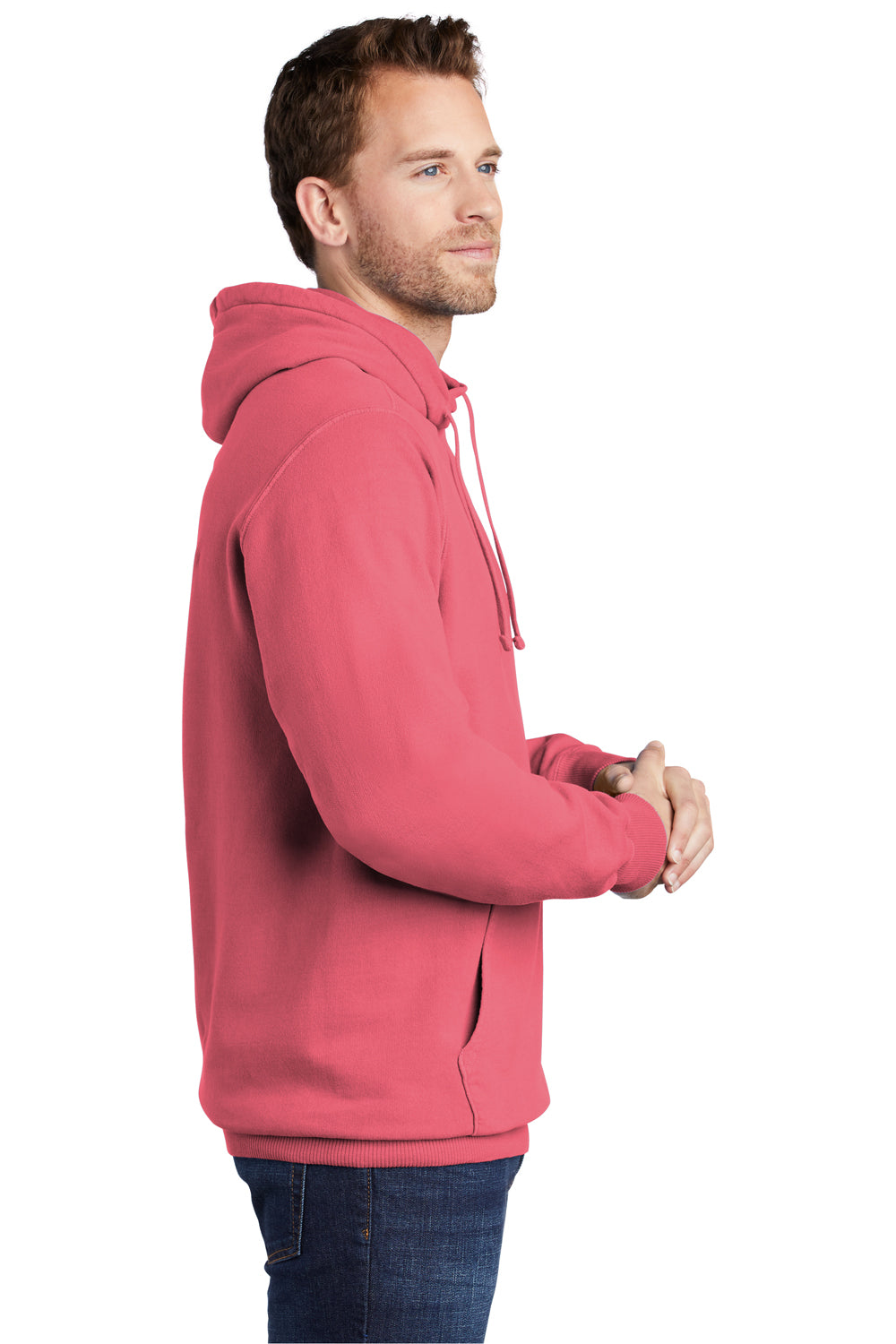 Port & Company PC098H Mens Beach Wash Fleece Hooded Sweatshirt Hoodie Fruit Punch Pink Model Side