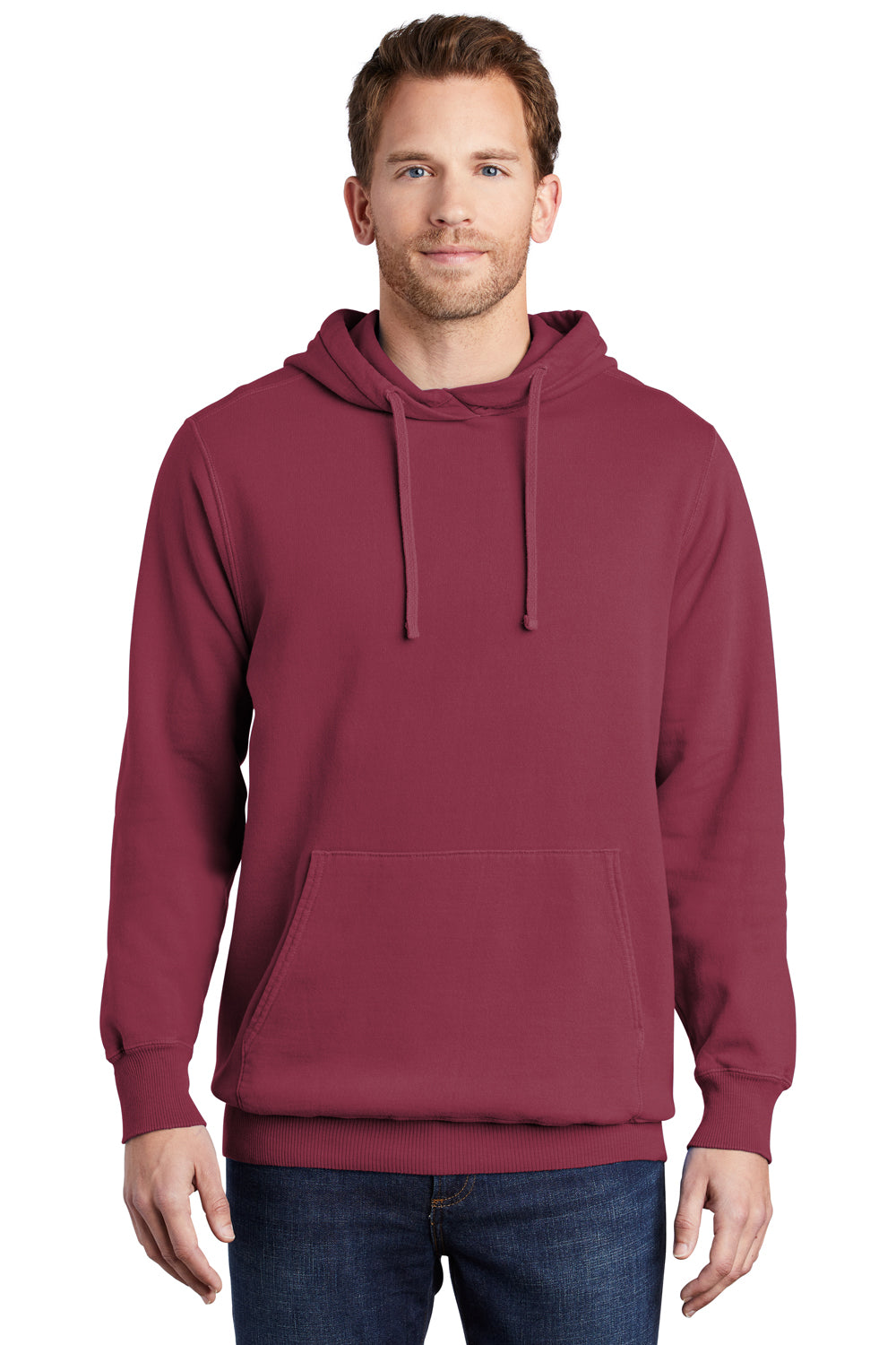 Port & Company PC098H Mens Beach Wash Fleece Hooded Sweatshirt Hoodie Merlot Red Model Front