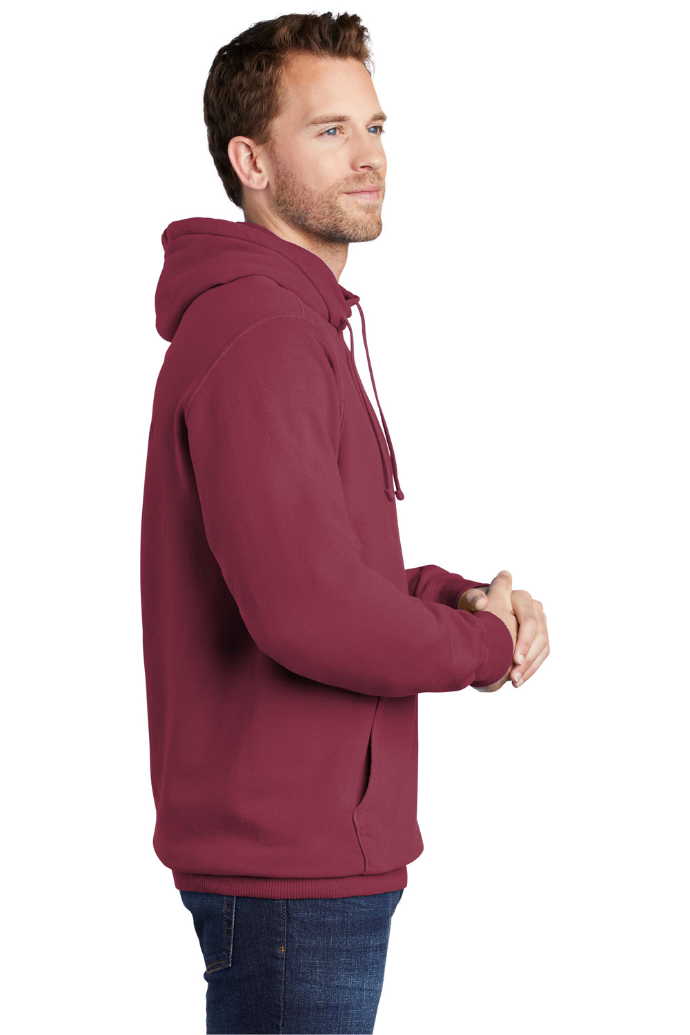 Port & Company PC098H Mens Beach Wash Fleece Hooded Sweatshirt Hoodie Merlot Red Model Side