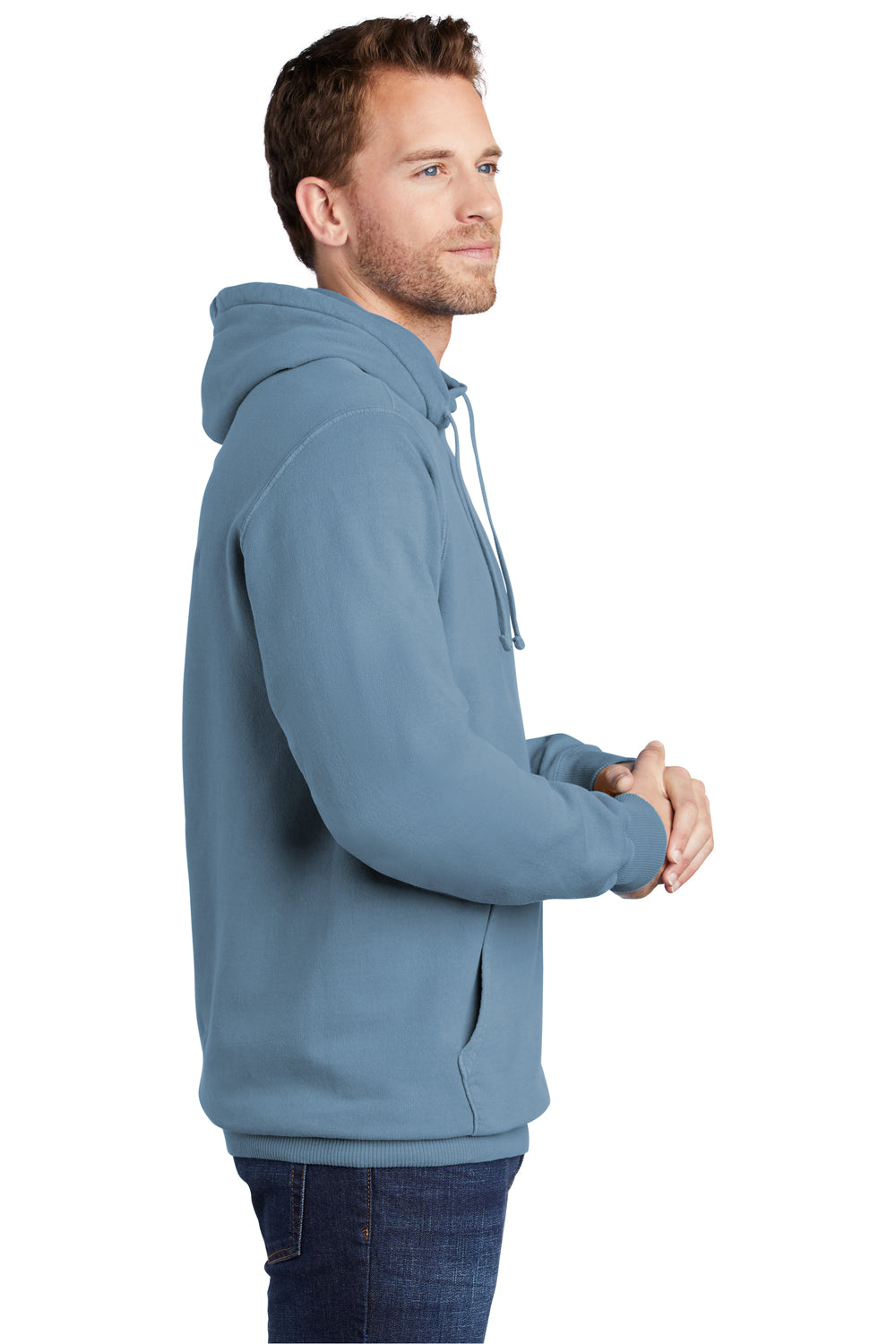 Port & Company PC098H Mens Beach Wash Fleece Hooded Sweatshirt Hoodie Mist Blue Model Side