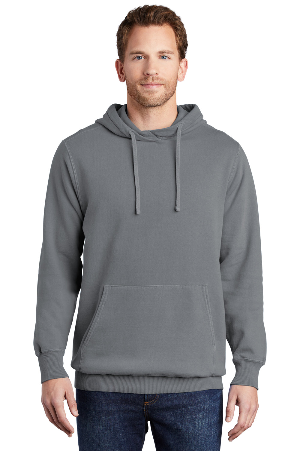 Port & Company PC098H Mens Beach Wash Fleece Hooded Sweatshirt Hoodie Pewter Grey Model Front