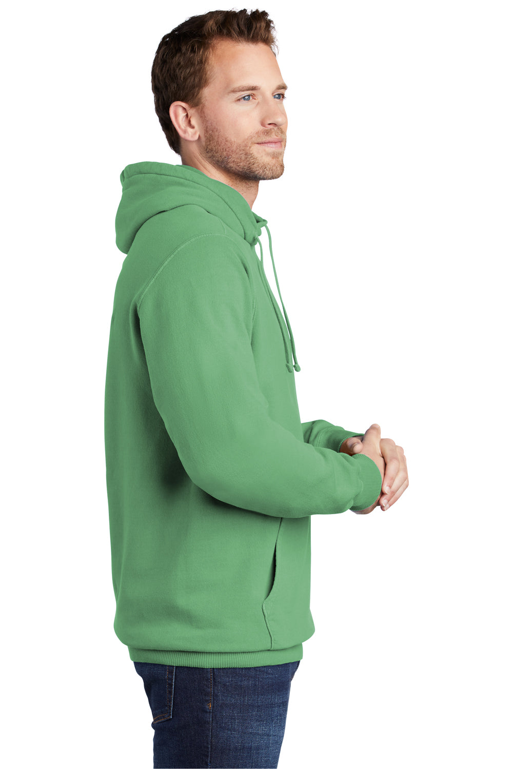 Port & Company PC098H Mens Beach Wash Fleece Hooded Sweatshirt Hoodie Safari Green Model Side