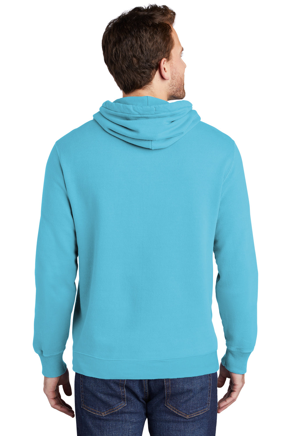 Port & Company PC098H Mens Beach Wash Fleece Hooded Sweatshirt Hoodie Tidal Wave Blue Model Back